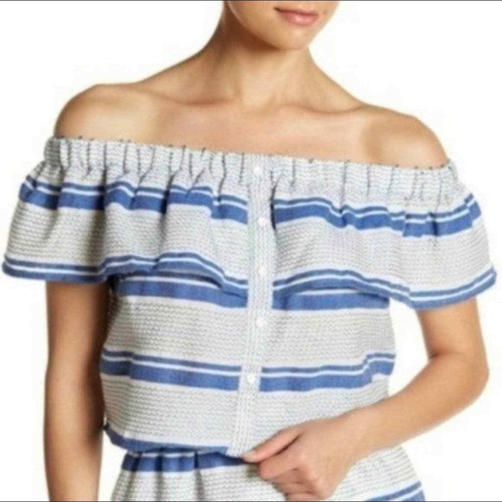 Lost + Wander Women’s Off Shoulder Tiered Ruffle Cotton Top Blue White Stripe XS